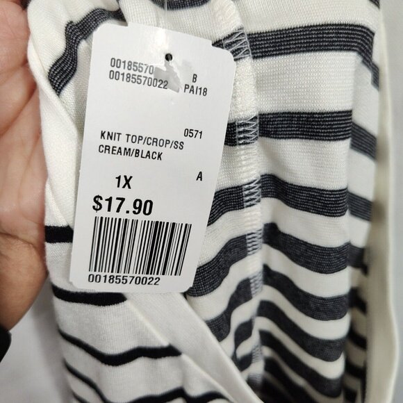 Forever 21+ Crop Knit Top Crew Neck Size 1X Cream Black Stripe Short Sleeve NEW - Picture 6 of 6